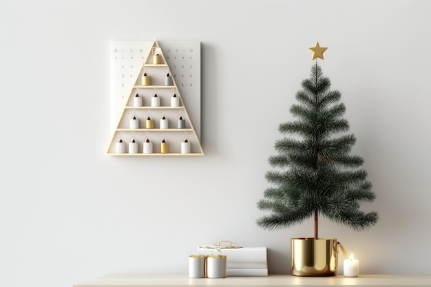 On a white wall with a textfilled shelf there is a small Christmas tree a calendar ornaments