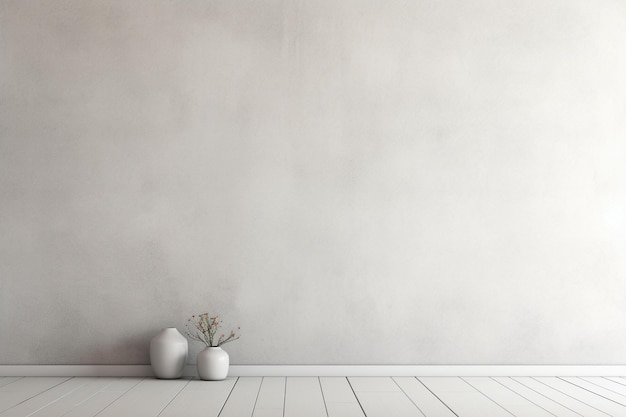 A white wall with a vase and flowers in front of it.