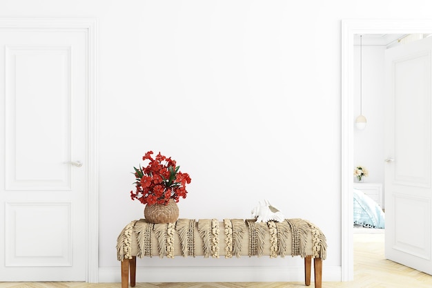 A white wall with a vase of flowers on it and a vase of red flowers on it