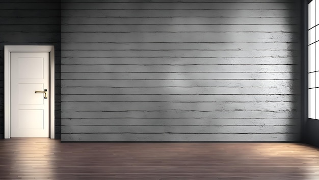 A white wall with a wooden floor and a gray wall with a white light coming through it.