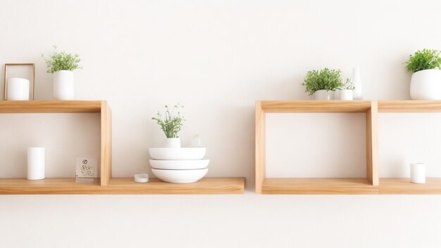 Photo a white wall with a wooden furniture