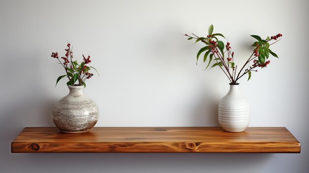 White wall with wooden shelves