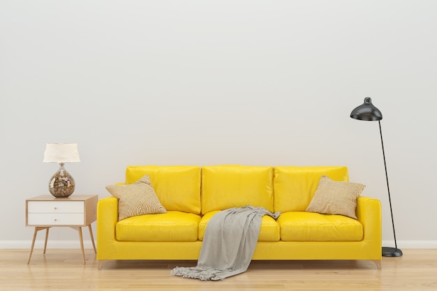 white wall yellow sofa interior background wood floor