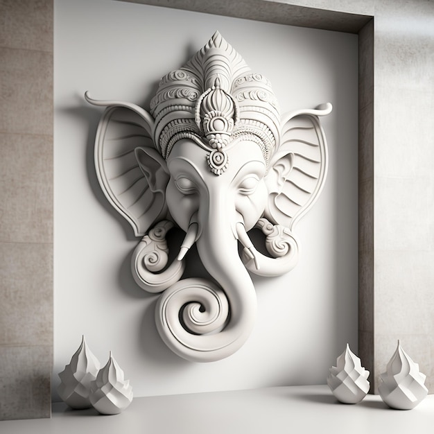 A white walled room with a statue of an Indian mythological God Lord Ganesha as Mural Ai generated