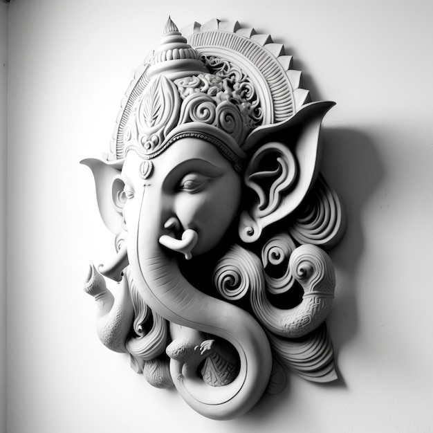 A white walled room with a statue of an Indian mythological God Lord Ganesha as Mural Ai generated