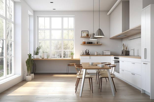 White walls a wooden floor arched windows and white worktops can be seen in this modern kitchens corner a mockup