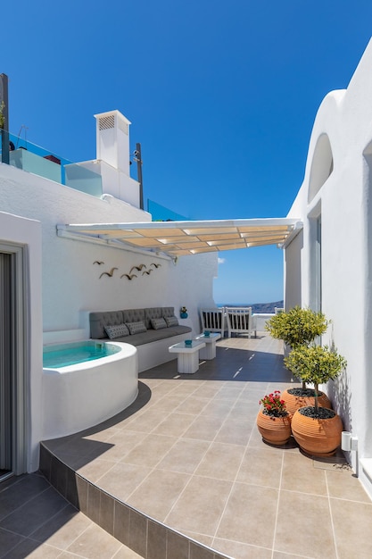 White wash staircases pool jacuzzi on Santorini Island, Greece. Amazing luxury travel background