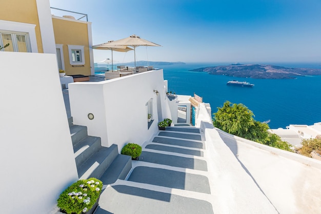 White wash staircases on Santorini Island, Greece. The view toward Caldera sea, Mediterranean travel