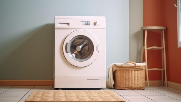 Foto una lavatrice bianca in un bagno con accanto un cestino.