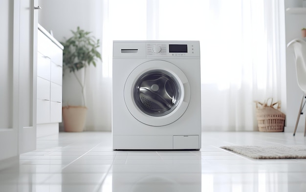 A white washing machine in a clean room.