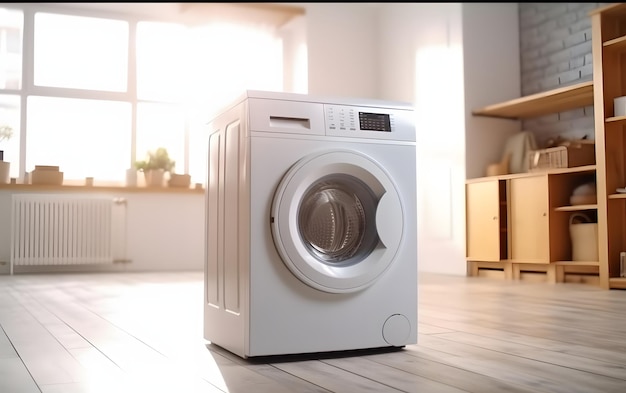 A white washing machine is on the floor in a room with a window and a couch.