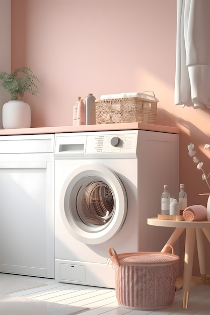 White washing machine in a peach fuzz colored laundry room