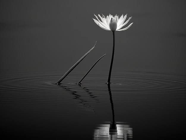Белая кувшинка плавает в воде и видно отражение листьев.