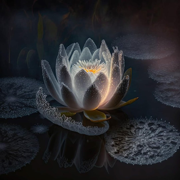 A white water lily is lit up with a light on it.