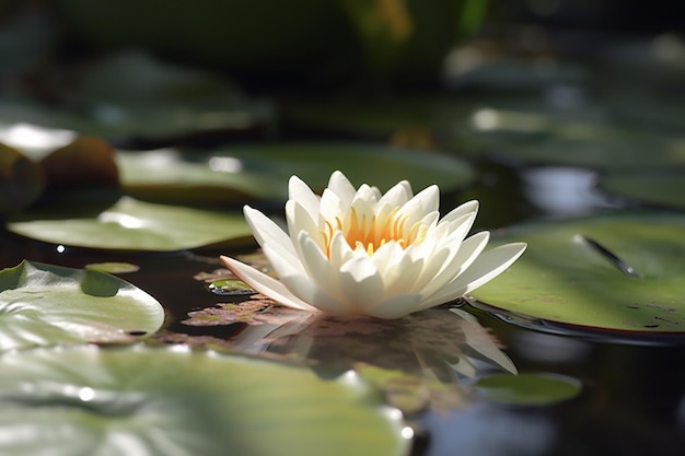 A white water lily in a pond with green leaves