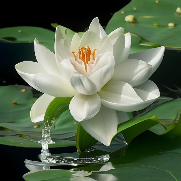 A white water lily with water drops in it