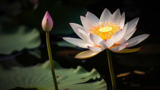 A white water lily with a yellow center and a pink flower in the center.