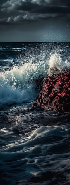 White waves crashing on a rock