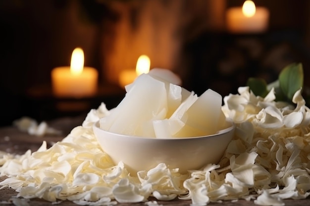 white wax flakes for candle making in bowl