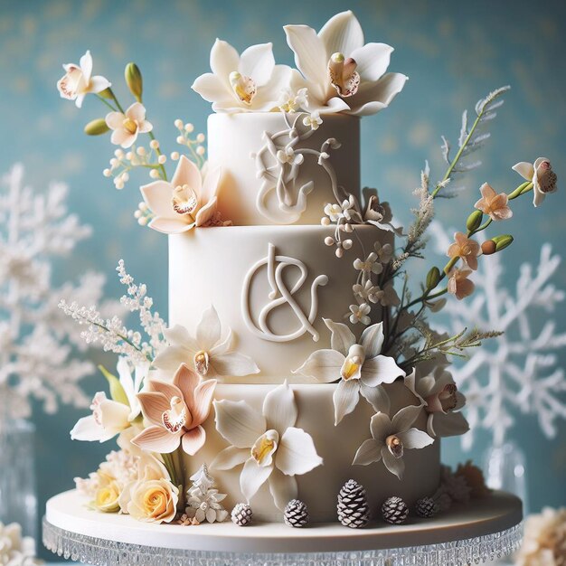 a white wedding cake with a design on it and flowers on the bottom