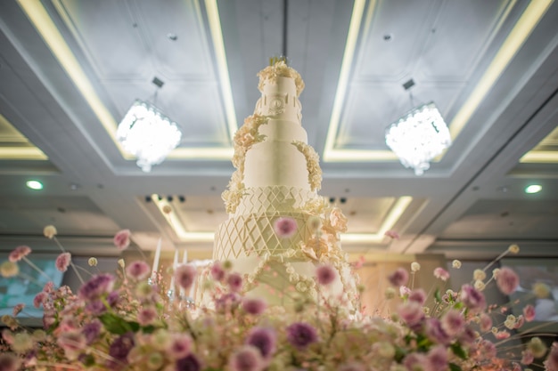 White wedding cake with flower