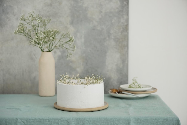 White wedding cake with flowers