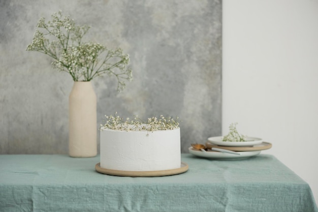 White wedding cake with flowers