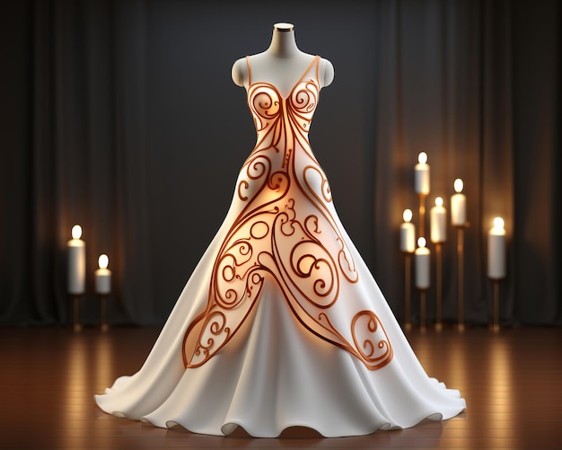 a white wedding dress with an orange design on it