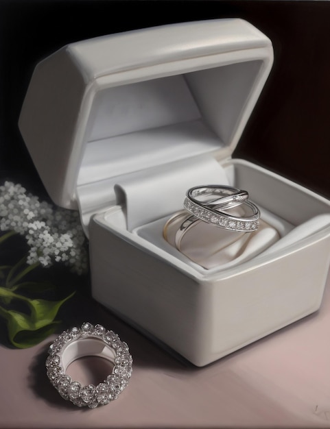 Белая коробка с обручальным кольцом с фотографией кольца и цветов