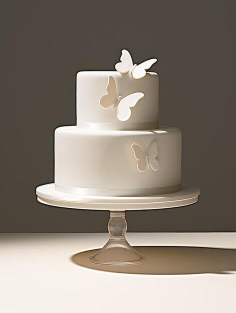 砂糖の蝶で飾られた白い結婚式の2層のケーキ