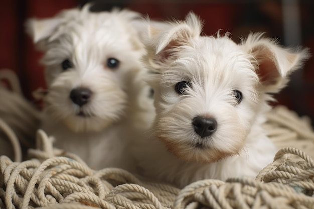 White Westies puppy with wool coils are amusing sending a card