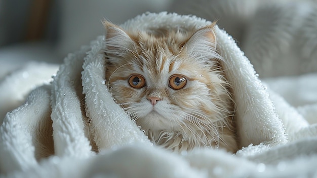 A white wet cat lies in a towel Washing a cat at home Cat care