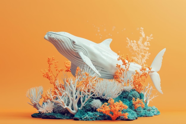 A white whale is swimming in a coral reef with orange and green plants