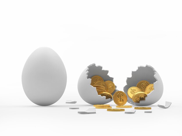 White whole egg and broken egg shell with coins inside