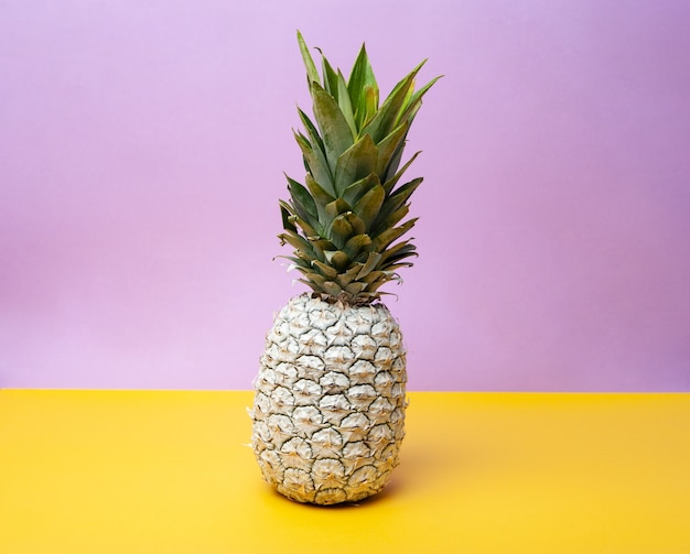 White whole fresh pineapple placed on table in modern studio on violet and yellow background