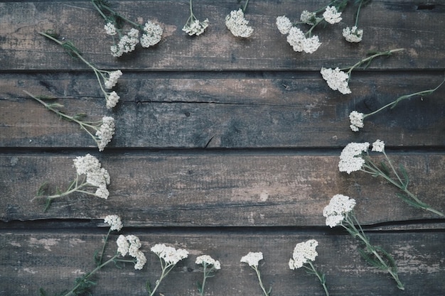 White wildflowers are arranged in a circle on a wooden table background Yarrow inflorescences Horizontal boards Romantic Provence rustic style