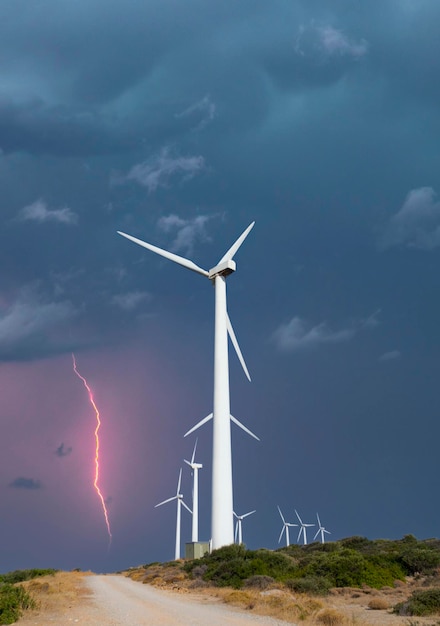 White wind turbines on Greek island Evia in Greece since the lightning storm