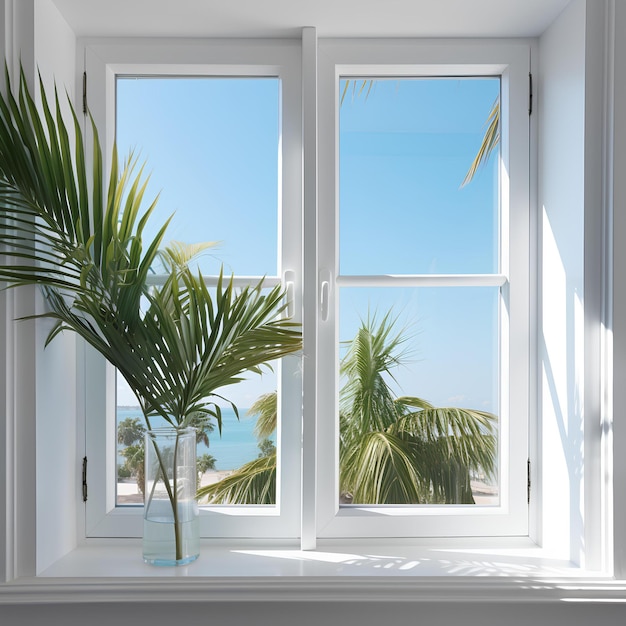 A white window with a palm tree and an ocean view