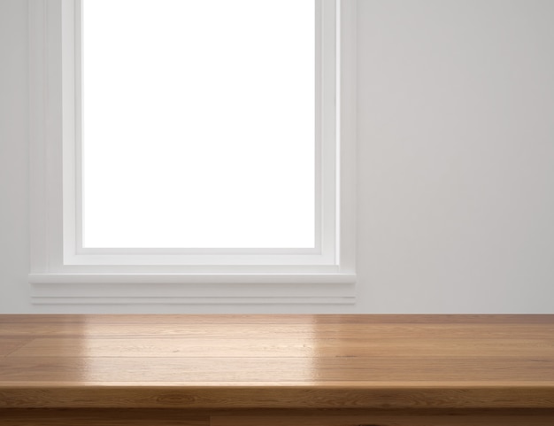 Белое окно с деревянным столом.