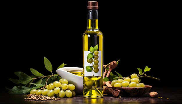 Photo white wine bottle with grapes and olive oil on a black background