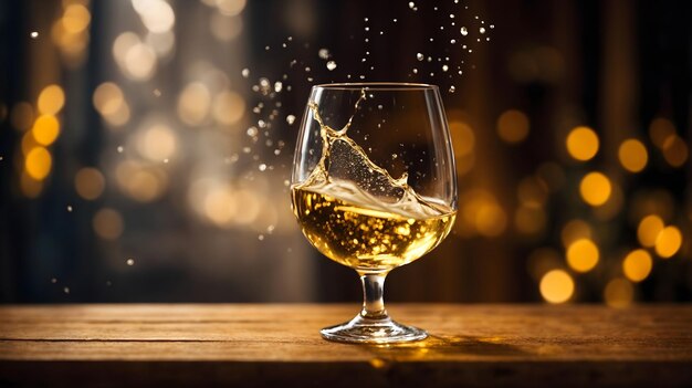 A white Wine filled glass splash on the wooden table with bokeh lights background copy space