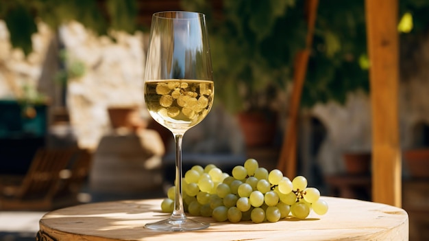 White wine glass decorated with grapes standing