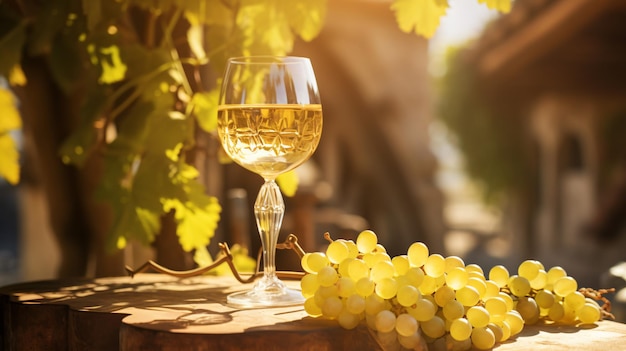 White wine glass decorated with grapes standing