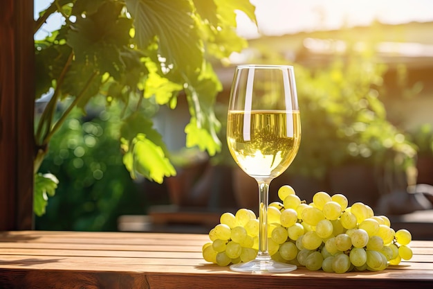 White Wine Glass on Ripe Bunch of Grapes Background in Sunny Day Wineglass with Drink