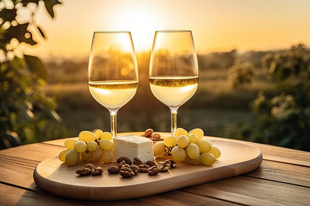 White wine in glasses a plate with cheese and nuts served outdoors at sunset