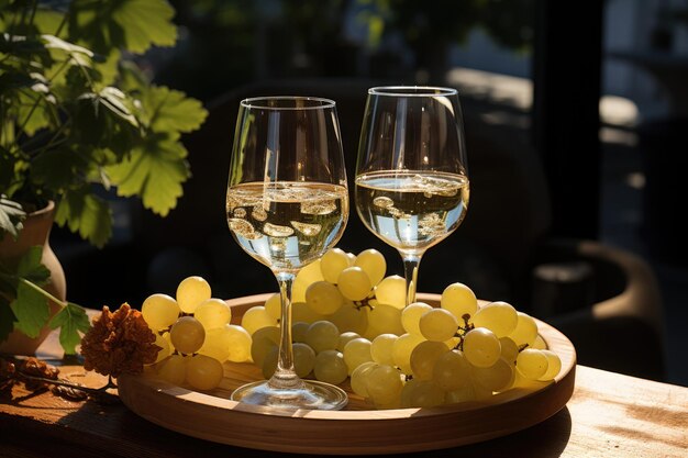 White wine glasses with ice on rustic table generative IA