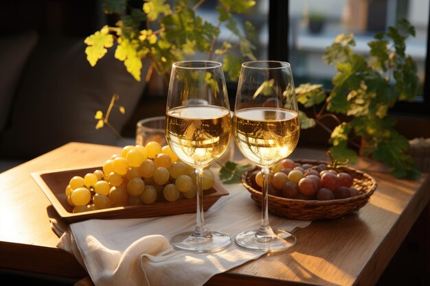 White wine glasses with ice on rustic table generative IA