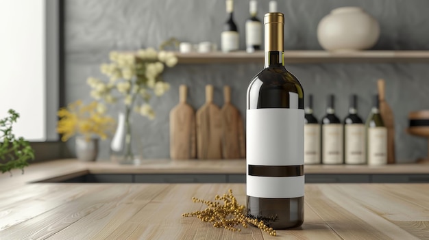 写真 ワインボトルに白いワインのラベル 現代的なデザインコンセプト ミニマリストの白い色のモックアップテンプレート