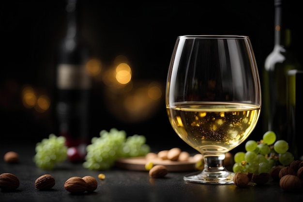 Foto vino bianco in bicchiere da vino e uva su sfondo nero foto promozionale commerciale