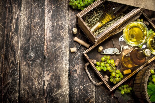 White wine with fresh grapes on old tray.